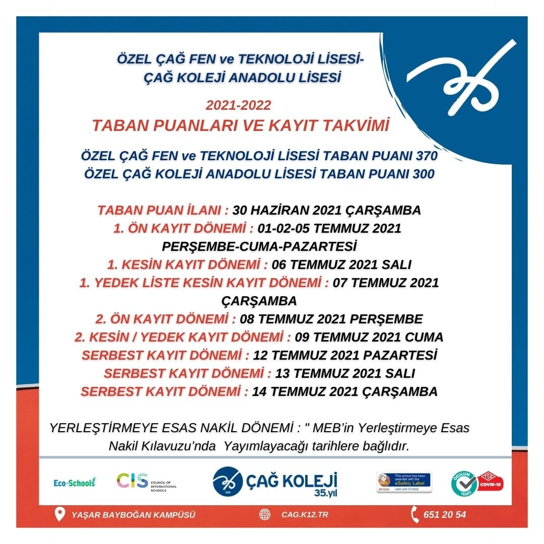 ozel cag fen ve teknoloji lisesi anadolu lisesi 2021 2022 taban puanlari ve kayit takvimi hakkinda